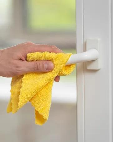 Bar5F Applicator Bottle with Angled Tip 8.5 ounce (Pack of 2) - hand with a yellow towel wiping the door handle