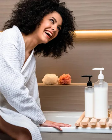 Bar5F Applicator Bottle with Angled Tip 8.5 ounce (Pack of 2) - happy wonem sitting on the bathroom tub smiling next to a pair of pump bottle