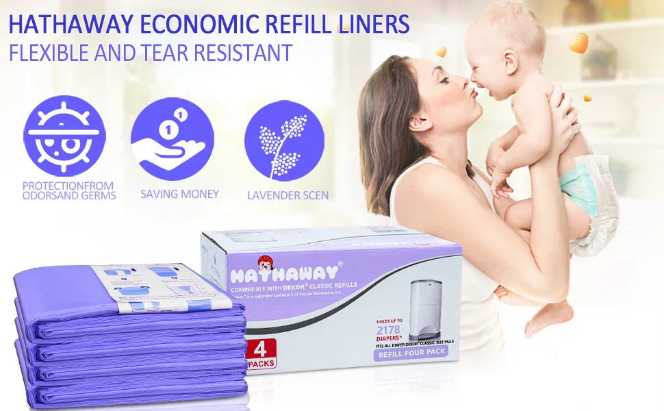 Diaper Pail Refill Compatible with Dekor Classic Bags 4 Pack with Lavender Scent Holds up to 2178 Diapers - DIAPER PAIL REFILLS