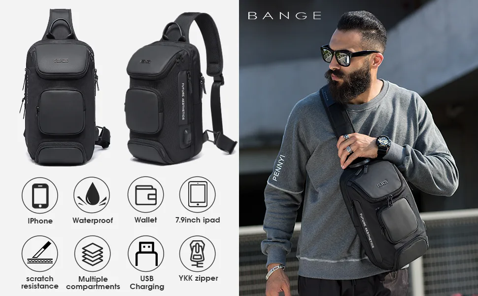 BANGE Sling Bag, Waterproof Men's Chest Bag Shoulder bags Crossbody Sling Backpack for Men Black(with Three Pockets) - causal sling backpack