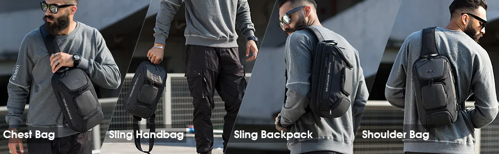 BANGE Sling Bag, Waterproof Men's Chest Bag Shoulder bags Crossbody Sling Backpack for Men Black(with Three Pockets) - multi-functional bag