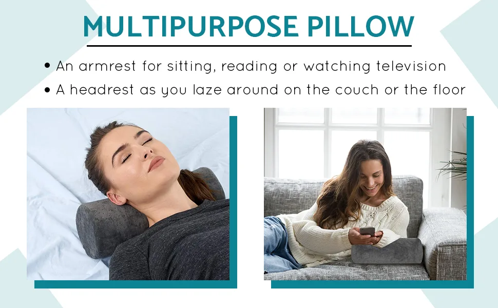 Bamboo Round Cervical Roll Cylinder Bolster Pillow with Removable Washable Cover, Ergonomically Designed for Head, Neck, Back, and Legs || Ideal for Spine and Neck Support During Sleep, Grey - Armrest round roll pillow