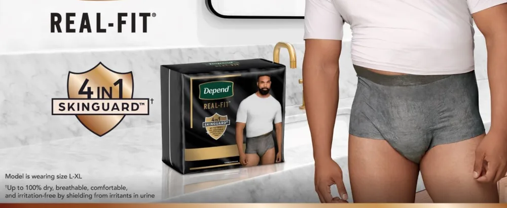 Depend Real Fit Incontinence Underwear for Men Disposable Maximum Absorbency Large/Extra-Large Black and Grey 12 Count (Packaging May Vary) Large/X-Large New - Real fit