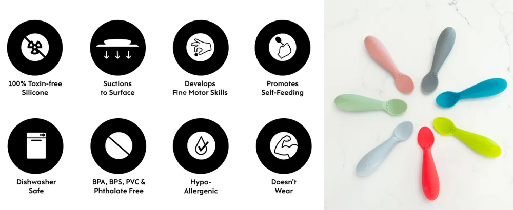 ezpz Tiny Spoon (2 Pack in Blue) - 100% Silicone Spoons for Baby Led Weaning + Purees - Designed by a Pediatric Feeding Specialist - 4 Months+ - ezpz tiny spoons features and benefits