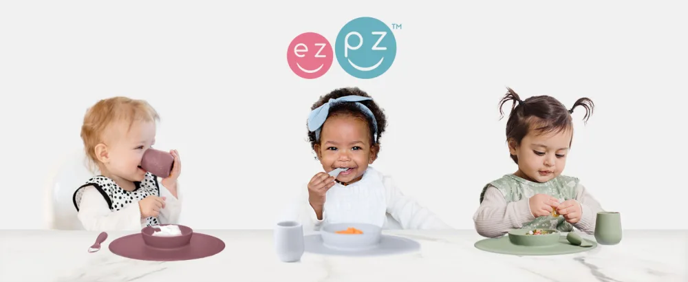 ezpz Tiny Spoon (2 Pack in Blue) - 100% Silicone Spoons for Baby Led Weaning + Purees - Designed by a Pediatric Feeding Specialist - 4 Months+ - infant, and babies all enjoying mealtime with the ezpz tiny spoons