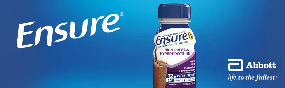 Ensure High Protein 12 g Meal Replacement Shakes Value Pack Protein Shakes With Protein To Help Build Muscle Strawberry 6 x 235-mL Bottles - Chocolate Ensure High Protein 12 g protein shake after workout on blue background