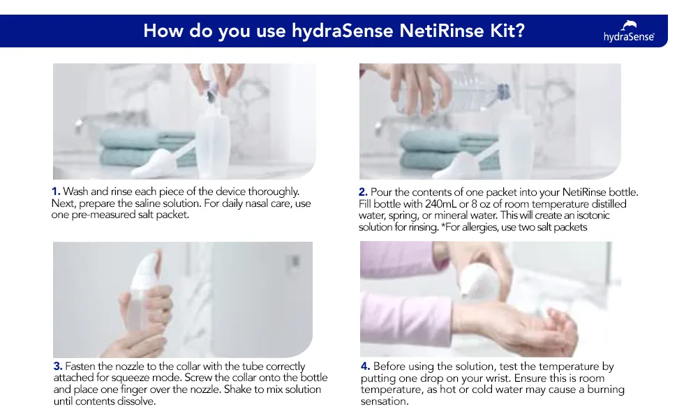hydraSense NetiRinse Refill Salt Packets Universal Pre-Measured Self-Mix Packets Reduces and Relieves Nasal Cold Symptoms 60 Count - HOW TO USE GUIDE
