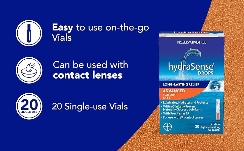 hydraSense Advanced Eye Drops Single Use Vials Fast and Long-Lasting Relief Preservative Free With Provitamin B5 20 Count - eye drops, easy to use, vials, individual vials, contact lenses, preservative-free, fast,