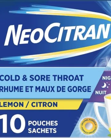 NeoCitran Cold & Sore Throat for Nighttime Relief Lemon 10 Count - NeoCitran