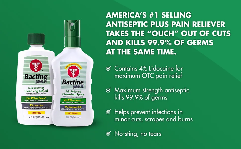 Bactine Max Pain Relieving Cleansing Liquid with Lidocaine, First Aid Pain + Itch Relief, Kills 99% of Germs*, 4oz 2 Pack - Kills 99.9% of germs at the same time