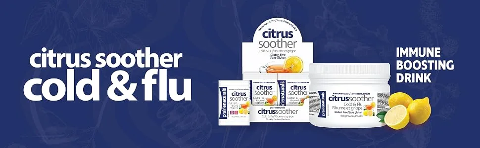 Prairie Naturals Citrus Soother Cold & Flu Hot Immune-Boosting Drink with Elderberry Zinc Vitamins D & C and Lemon Balm - 10g x 30 Packets - Citrus Soother Header