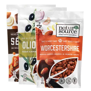 naturSource Artisanal Worcestershire Almonds Non-GMO Made in Canada Value Size Re-Sealable Zip Pack (500 Gram) - Natur Source Almonds