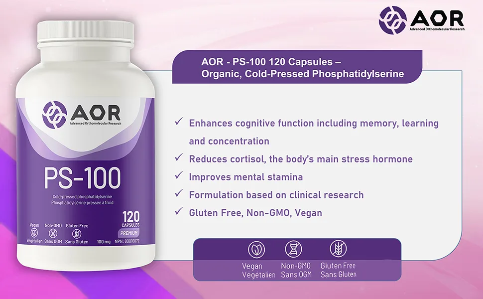 AOR - PS-100 100mg 120 Capsules - Phosphatidylserine Supplement for Memory Health Concentration Supplements & Cognitive Supplement - Brain Support Supplements for Memory and Focus 120 count (Pack of 1) - PS-100