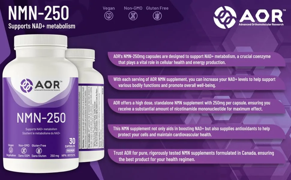 AOR NMN-250mg Capsules 30 Count - High Potency Nicotinamide Mononucleotide - Supplement for Enhanced Bioavailability & Antioxidant Support - B0CLMC93W5