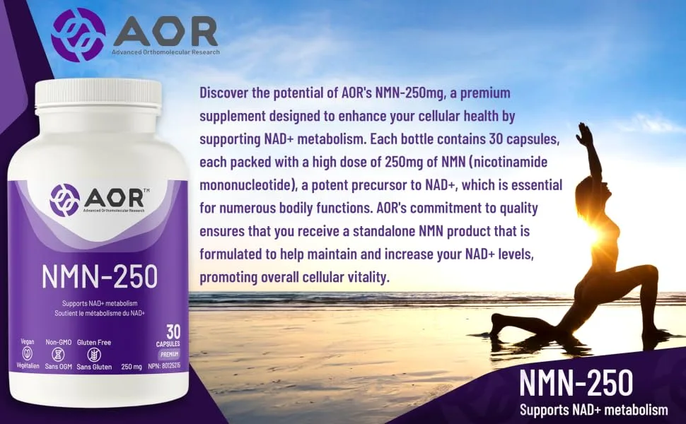 AOR NMN-250mg Capsules 30 Count - High Potency Nicotinamide Mononucleotide - Supplement for Enhanced Bioavailability & Antioxidant Support - B0CLMC93W5