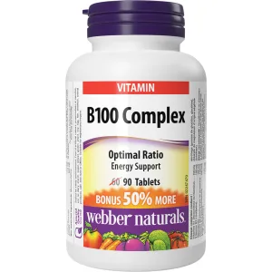 Webber Naturals Vitamin B100 Complex 90 Tablets Supports Energy Production and Metabolism Vegan 90 count (Pack of 1) B Complex - B100 Complex