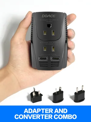 Converter 220V to 110V, 10A Power Adapter with 2 USB and EU/UK/AU/US Plugs - Travel Adapter Converter
