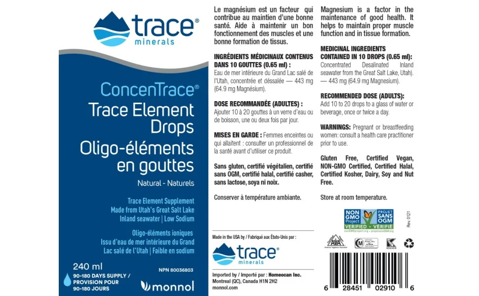 Trace Minerals ConcenTrace Drops | Full Spectrum Minerals | Ionic Liquid Magnesium Chloride Potassium | Low Sodium | Energy Electrolytes Hydration | 48 Day Supply 4 fl oz (Pack of 1) - Canadian Label