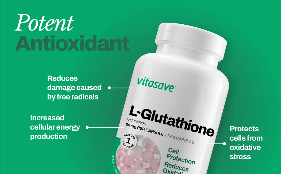Vitasave L-Glutathione - Powerful Antioxidant Supplement for Immune Support Cell Protection - Reduce Oxidative Stress - Third Party Tested & Made in Canada 120 count (Pack of 1) - L-Glutathione 2