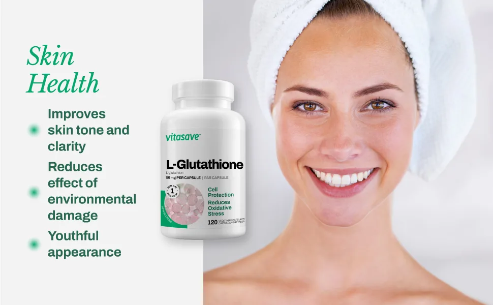 Vitasave L-Glutathione - Powerful Antioxidant Supplement for Immune Support Cell Protection - Reduce Oxidative Stress - Third Party Tested & Made in Canada 120 count (Pack of 1) - L-Glutathione 3