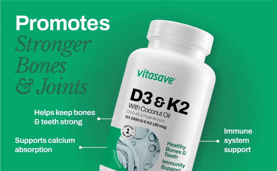 Vitasave Vitamin D3 & K2 Softgels - High Potency 1000 IU D3 & 120 mcg K2 (240 Softgels) 240 count (Pack of 1) - D3 & K2