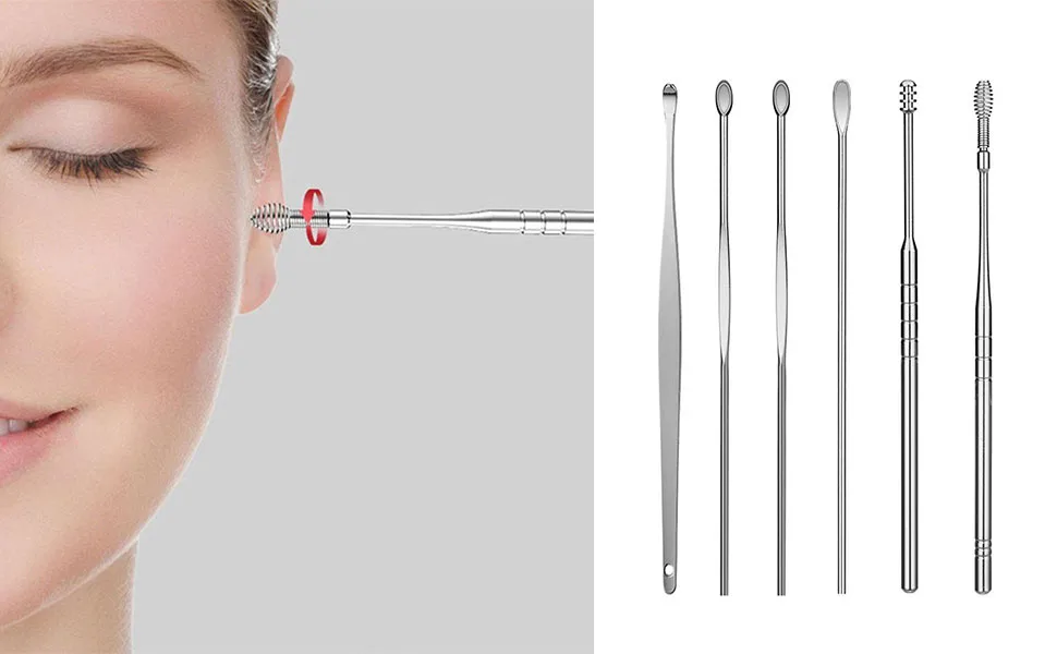 Innovative Spring Ear Wax Cleaner Tool Set 6pcs Spiral Design Stainless Steel Ear Picks Spring Earwax Cleaner Tool Set Cleaner Ear Cleansing Tool Set with Storage Bag - 6 cleaning earwax sets