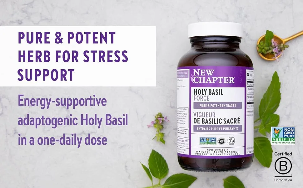 New Chapter Holy Basil Force with Supercritical Holy Basil for Immune Support + Mood Support + Non-GMO Ingredients - 60 ct Vegetarian Capsules 60 count (Pack of 1) - Bottle of Holy Basil