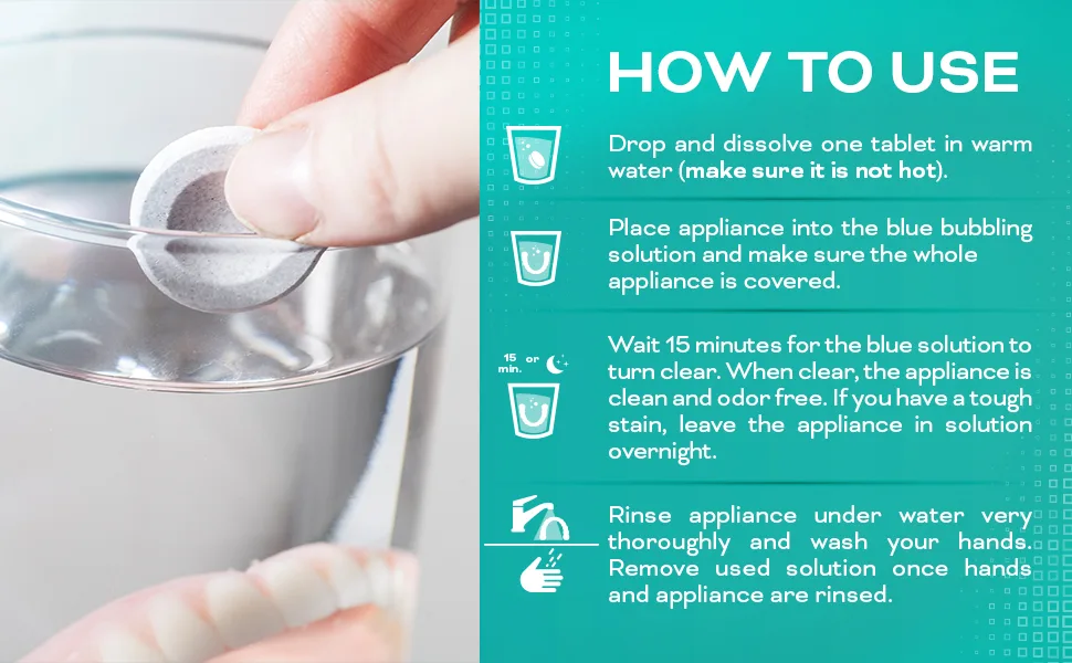 Avistar Retainer & Denture Cleaner Tablets: 150 Denture or Retainer Cleaning Tablets (Perfect For Dentures, Night Guards or Mouth Guards - Mint Flavor, 5 Month Suppy) - How to use