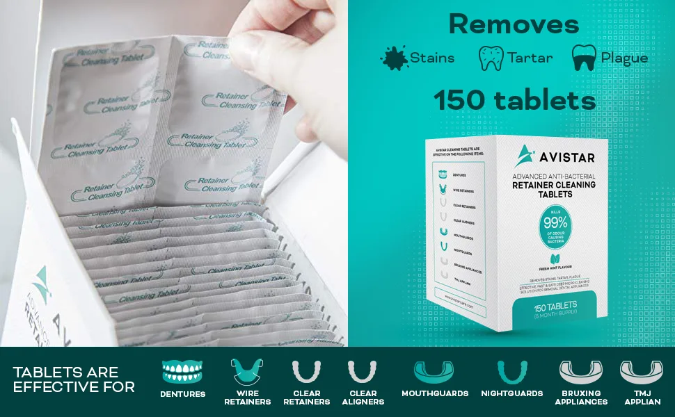 Avistar Retainer & Denture Cleaner Tablets: 150 Denture or Retainer Cleaning Tablets (Perfect For Dentures, Night Guards or Mouth Guards - Mint Flavor, 5 Month Suppy) - Tablets image 03