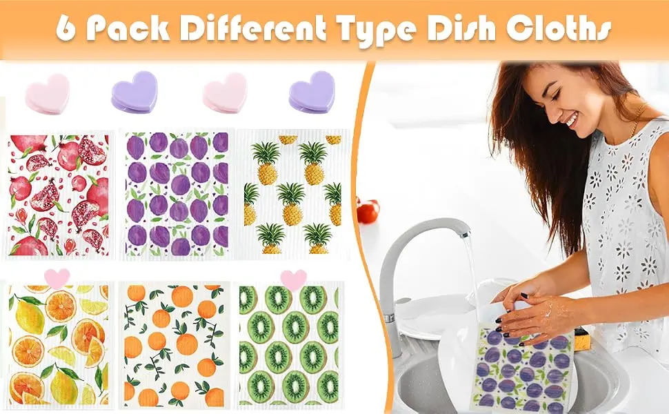 Swedish Dish Cloth 6 Pack Swedish Dishcloths with 4 Clips Absorbent Sponge Cleaning Reusable Biodegradable Paper Towels (6 Pack Fruit) - swedish dish cloth