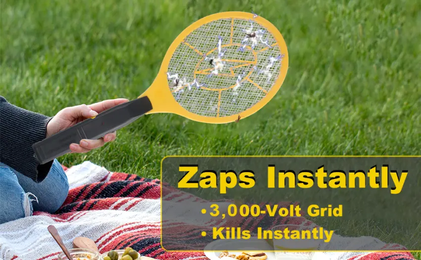 2 Pack Bug Zapper Electric Fly Swatter Zapper - Indoor Outdoor Zapping Racket for Pest Control - Safe to Touch with 3-Layer Safety Mesh Yellow - product information 4