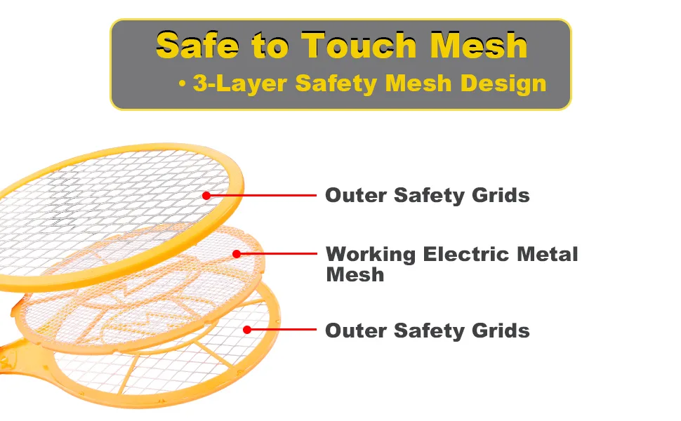 2 Pack Bug Zapper Electric Fly Swatter Zapper - Indoor Outdoor Zapping Racket for Pest Control - Safe to Touch with 3-Layer Safety Mesh Yellow - product information 5