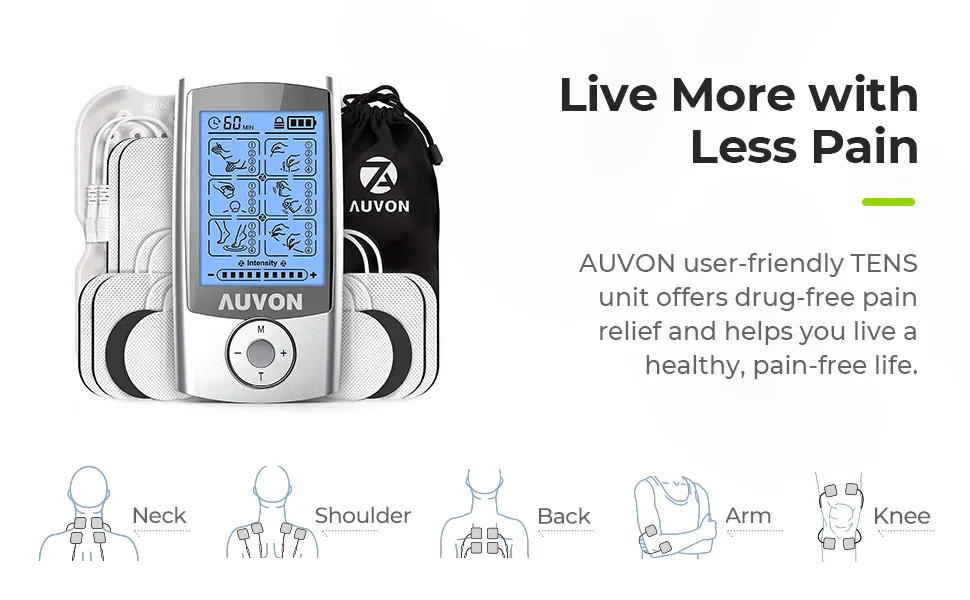 AUVON 24 Modes Rechargeable TENS Unit, 4th Gen Muscle Stimulator with 10pcs TENS Machine Electrodes for Pain Relief Therapy & Management - product information 2