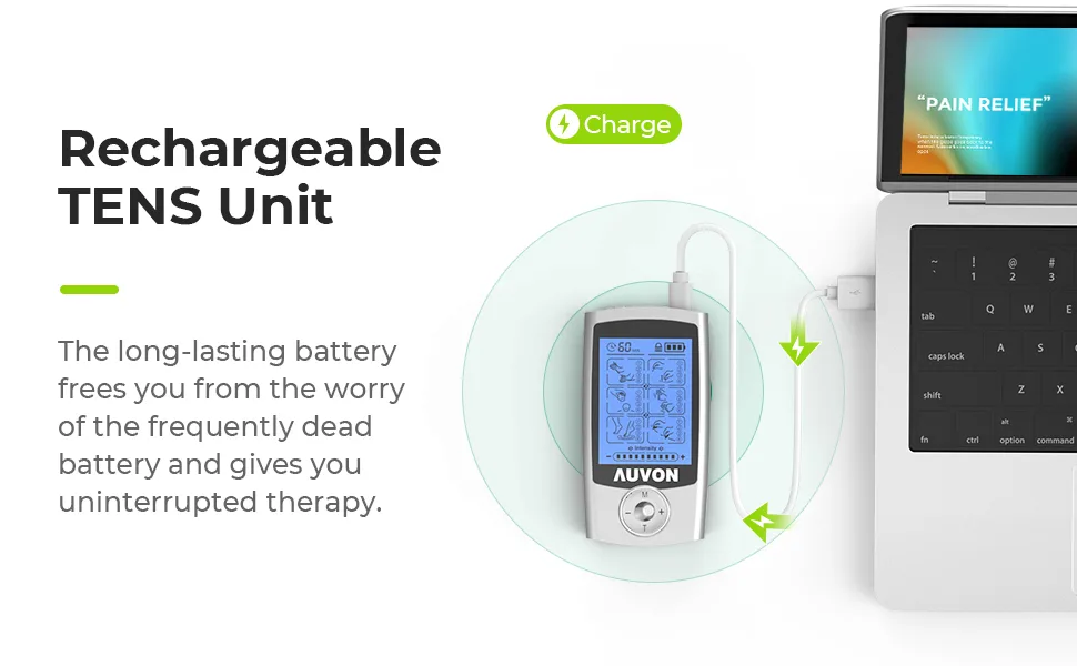 AUVON 24 Modes Rechargeable TENS Unit, 4th Gen Muscle Stimulator with 10pcs TENS Machine Electrodes for Pain Relief Therapy & Management - product information 3