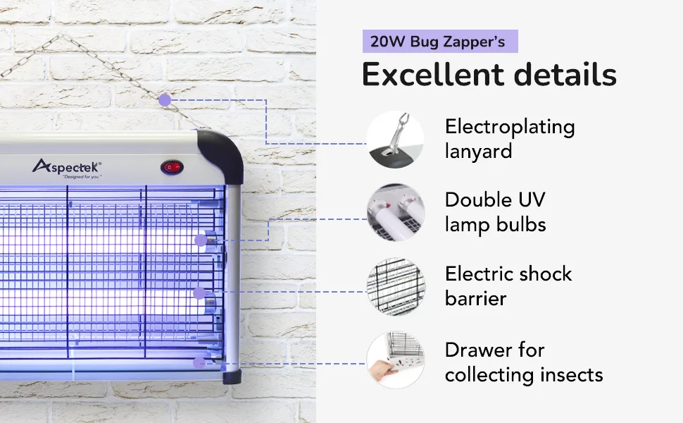 ASPECTEK Bug Zapper Powerful 20W Electronic Insect Indoor Zapper Fly Zapper-Indoor and Outdoor Use Including 2 Pack Replacement Bulbs - Aspectek Bug Zapper