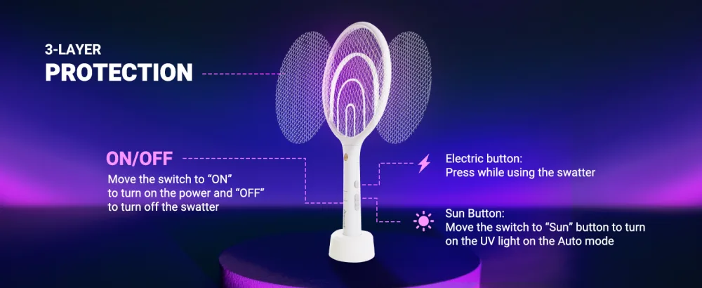 Aspectek 2 Pack Electric Fly Swatter 3000V 2 in 1 Mosquito Zapper USB Charging Cable White Double Mosquito Swatter - Electric Fly Swatter