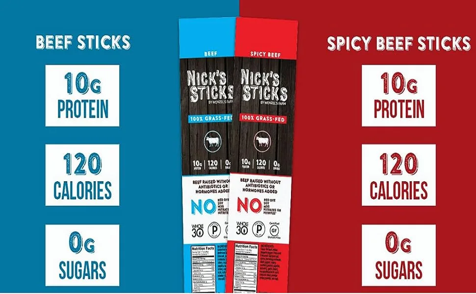 Nick's Sticks 100% Grass-Fed Beef Snack Sticks High Protein Original 25 Count - Benefits