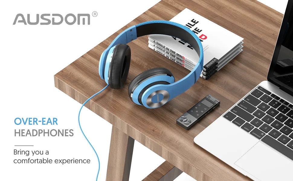 AUSDOM Lightweight Over-Ear Wired HiFi Stereo Headphones with Built-in Mic Comfortable Leather Earphones- Blue - product information 1