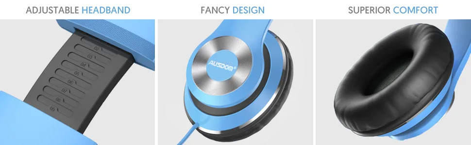 AUSDOM Lightweight Over-Ear Wired HiFi Stereo Headphones with Built-in Mic Comfortable Leather Earphones- Blue - product information 4