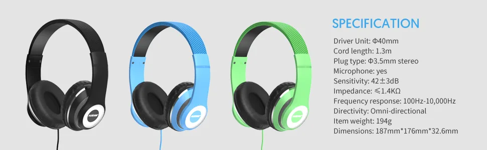 AUSDOM Lightweight Over-Ear Wired HiFi Stereo Headphones with Built-in Mic Comfortable Leather Earphones- Blue - product information 5
