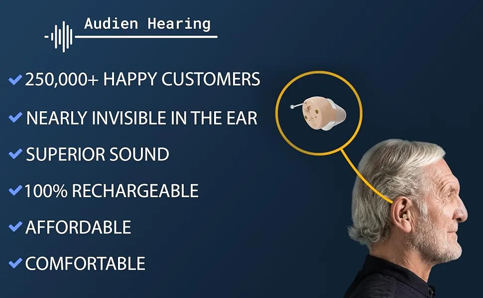 Audien ATOM Rechargeable Hearing Amplifier to Aid and Assist Hearing, Premium Comfort Design and Nearly Invisible - atom