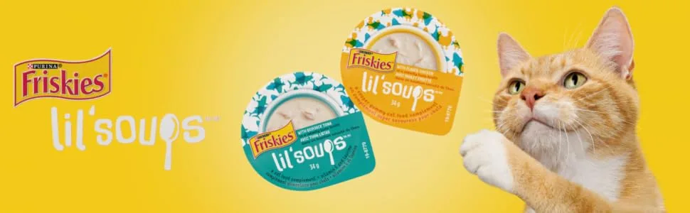 Friskies Lil' Soups Cat Food Complement Skipjack Tuna - 34 g Cup (8 Pack) Skipjack Tuna in Broth - Lil-Soups-Banner
