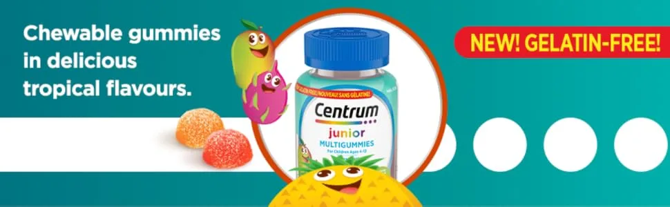 Centrum Junior MultiGummies Tropical Fruit Multivitamin and Multimineral Supplement Pineapple-Mango Dragonfruit and Passionfruit Flavours 60 count - centrum kids mutlivitamin