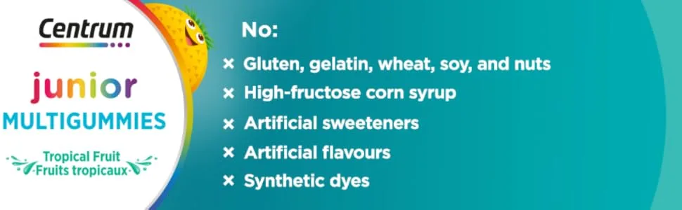 Centrum Junior MultiGummies Tropical Fruit Multivitamin and Multimineral Supplement Pineapple-Mango Dragonfruit and Passionfruit Flavours 60 count - centrum kids mutlivitamin
