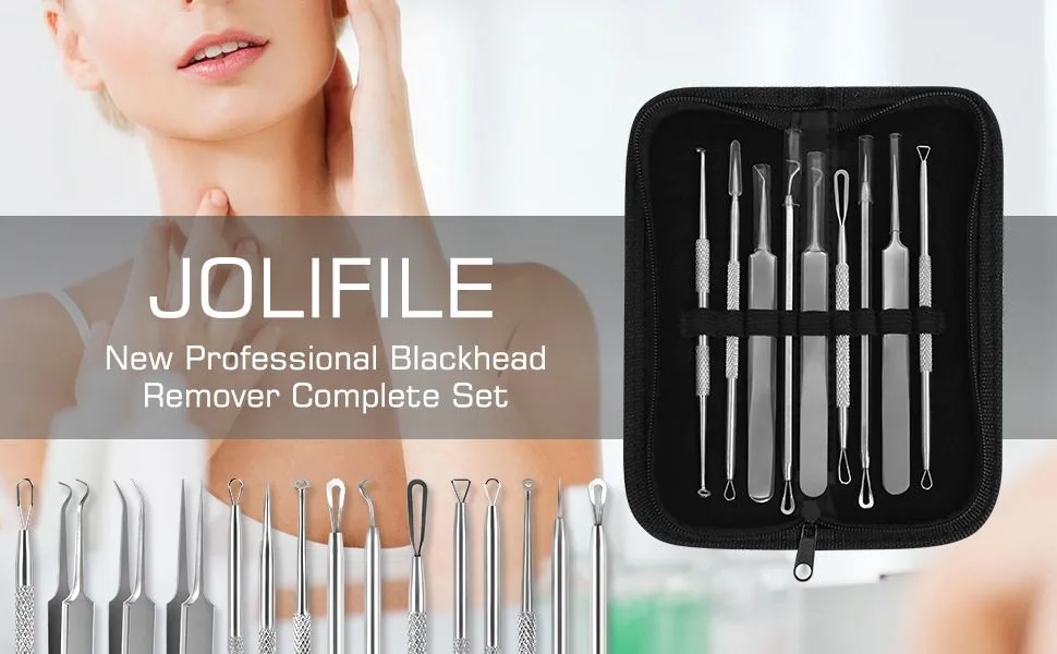 Blackhead Remover Tool JOLIFILE Upgraded 9 Pcs Pimple Popper Tool Kit Extractor Tools with Tweezers Removal Comedone Whitehead Set Large Size-Silver - 9Pcs Blackhead remover tools