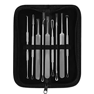 Blackhead Remover Tool JOLIFILE Upgraded 9 Pcs Pimple Popper Tool Kit Extractor Tools with Tweezers Removal Comedone Whitehead Set Large Size-Silver - 9pcs set