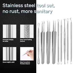 Blackhead Remover Tool JOLIFILE Upgraded 9 Pcs Pimple Popper Tool Kit Extractor Tools with Tweezers Removal Comedone Whitehead Set Large Size-Silver - black head tools remover
