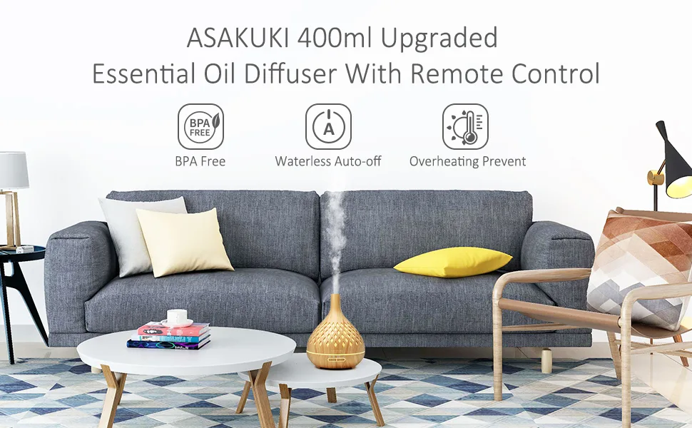 ASAKUKI Essential Oil Diffuser with Remote Control, 400ml Cool Mist Humidifier, 16 Hours Operation Aroma Diffuser with Waterless Safety Switch & 14 LED Colors 01-yellow Wood Grain - remote diffuser