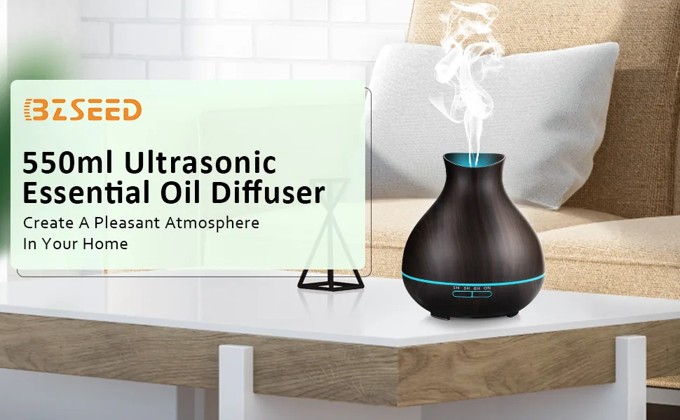 Aromatherapy Essential Oil Diffuser Humidifier 550ml 12 Hours High Mist Output for Large Room, Home, Waterless Auto-Off, 7 Color LED Lights Wood Grain Cool Mist Humidifier Ultrasonic Diffusers Dark Brown - 550ml Ultrasonic essential oil diffuser