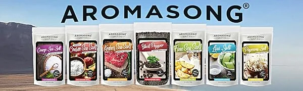 Aromasong Organic Coarse Sea Salt (2.43 LB.) with Black Peppercorn (12 OZ) Grinder, Mill Refill Combo Set for Cooking & Baking - Bulk Resealable Bag - Banner